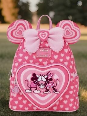 NEW Loungefly Disney Kissing Mickey & Minnie Mouse Hearts Ears Pink Backpack